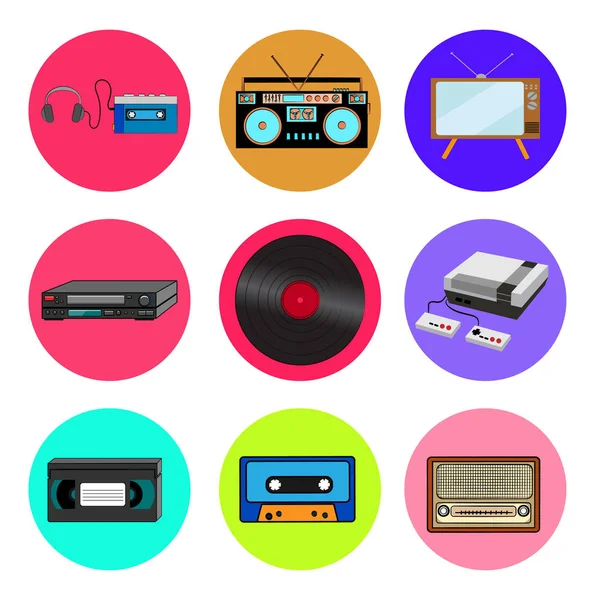 Set trendiger Retro-Vintage-Ikonen aus den 70er, 80er, 90er Jahren, Kassettenspieler, Audiorecorder, Fernseher, Videorecorder, Vinyl, Spielkonsole, Videokassette, Audiokassette, Radio — Stockvektor