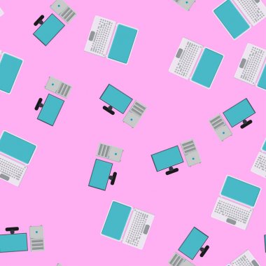 Kesintisiz desen, bir monitör ve dikdörtgen sistem ünitesi ile modern güçlü dijital dizüstü bilgisayarlar ve ofis bilgisayarları doku, teknoloji pembe bir arka plan üzerinde izole