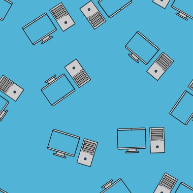Dikişsiz desen, bir monitör ve dikdörtgen bir sistem ünitesi ile modern güçlü dijital ofis bilgisayarların doku, mavi bir arka planda izole teknoloji