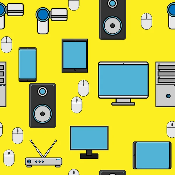 Patrón sin costuras, textura de dispositivos digitales modernos, gadgets, tabletas, teléfonos inteligentes, ratones, altavoces, monitores, computadoras portátiles, enrutadores para Internet, equipos informáticos en un fondo amarillo. Vector — Vector de stock