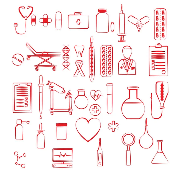 Set van veel lineaire lineaire rode pictogram items op een medisch farmaceutisch thema: kolven, pillen, apparaten, injecties, banken, thermometers, stethoscopen geïsoleerd op een witte achtergrond. Vector illustratie — Stockvector