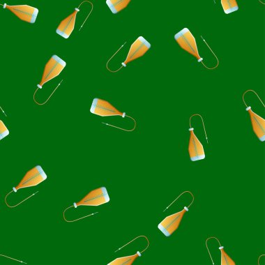 Tıbbi tıbbi malzemelerin ve yeşil arka planda iğnesi olan damlatıcıların sonu gelmez kalıpları. Vektör illüstrasyonu