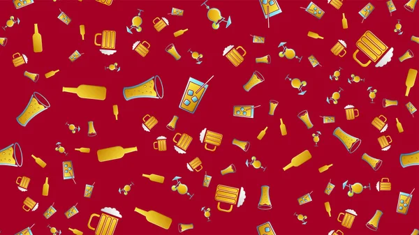 Endlose nahtlose Muster schöner Glasgläser mit leckeren alkoholischen Cocktails mit Eis und Strohhalmen mit Zitronen und Bier für eine Party auf rotem Hintergrund. Vektorillustration — Stockvektor