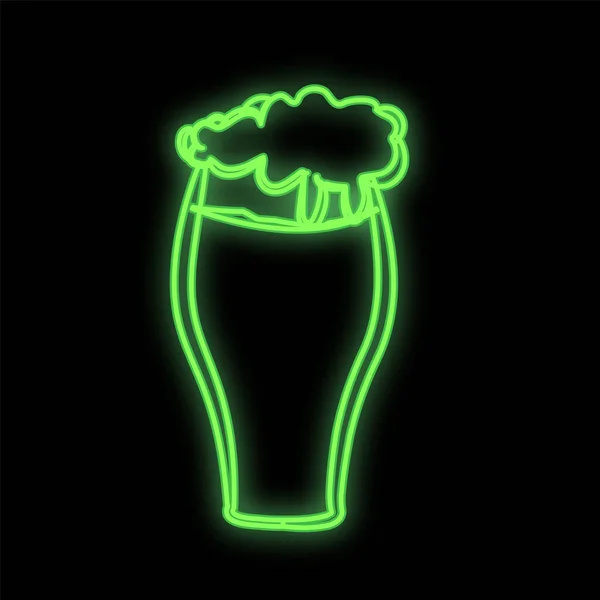 咖啡厅餐厅明亮明亮的绿色霓虹灯标志，色彩艳丽，背景是黑色的啤酒杯。矢量说明 — 图库矢量图片