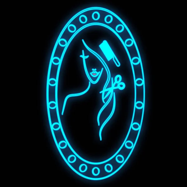亮晶晶的蓝色霓虹灯标志，一个美容院的美发师美丽闪亮的温泉，一个女人在镜子前的黑色背景。矢量说明 — 图库矢量图片