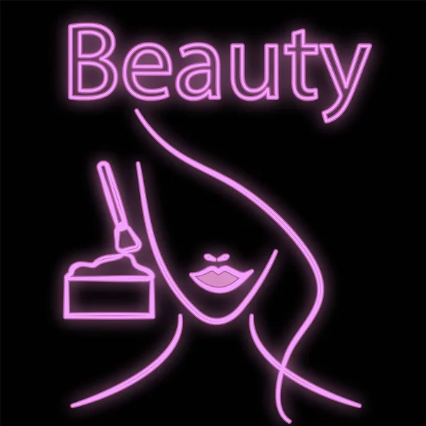 Leuchtend violette Leuchtreklame für Friseur Kosmetologie Schönheitssalon schönen glänzenden Beauty-Spa mit dem Gesicht einer Frau beim Make-up auf schwarzem Hintergrund. Vektorillustration — Stockvektor
