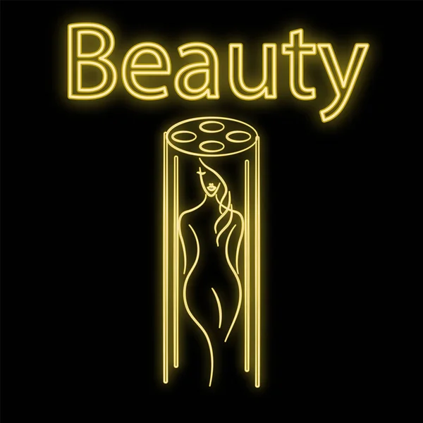 Helder lichtgevend geel neon teken voor een zonnebank van een schoonheidssalon en een bruinen prachtige briljante beauty spa met een vrouw zonnebaden op een zwarte achtergrond. Vectorillustratie — Stockvector