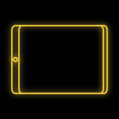 Bir dükkan ya da atölye için parlak sarı neon tabela siyah arka planda modern tabletle parlayan güzel bir atölye. Vektör illüstrasyonu
