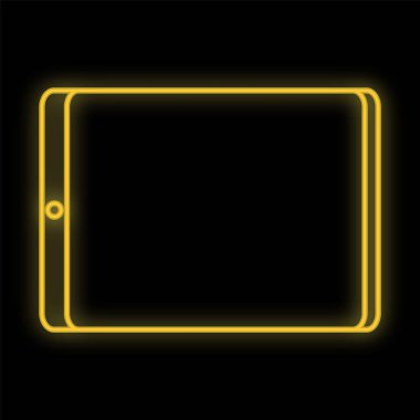 Bir dükkan ya da atölye için parlak sarı neon tabela siyah arka planda modern tabletle parlayan güzel bir atölye. Vektör illüstrasyonu