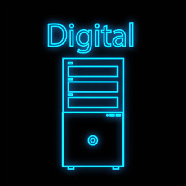 Un letrero de neón digital azul luminoso brillante para una tienda o un centro de servicio de taller es hermoso y brillante con una computadora personal estacionaria moderna sobre un fondo negro. Ilustración vectorial — Vector de stock