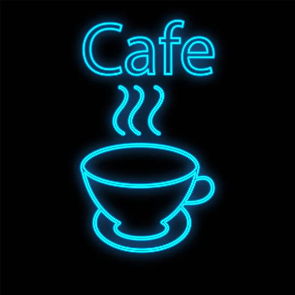 Ljusblå neon skylt för café bar restaurang pub vacker glänsande med en mugg te på en svart bakgrund. Vektorillustration — Stock vektor
