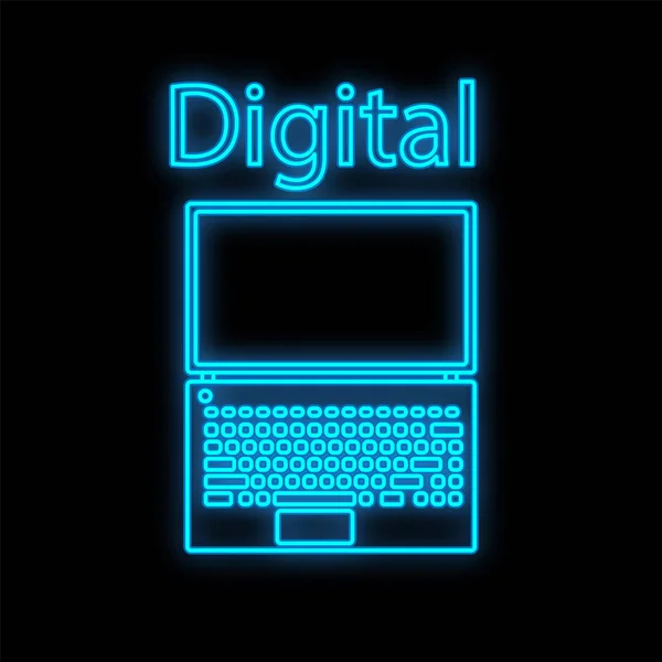 Világos kék digitális neon jel egy bolt vagy műhely szolgáltató központ gyönyörű fényes, modern kompakt laptop laptop fekete háttérrel. Vektorillusztráció — Stock Vector