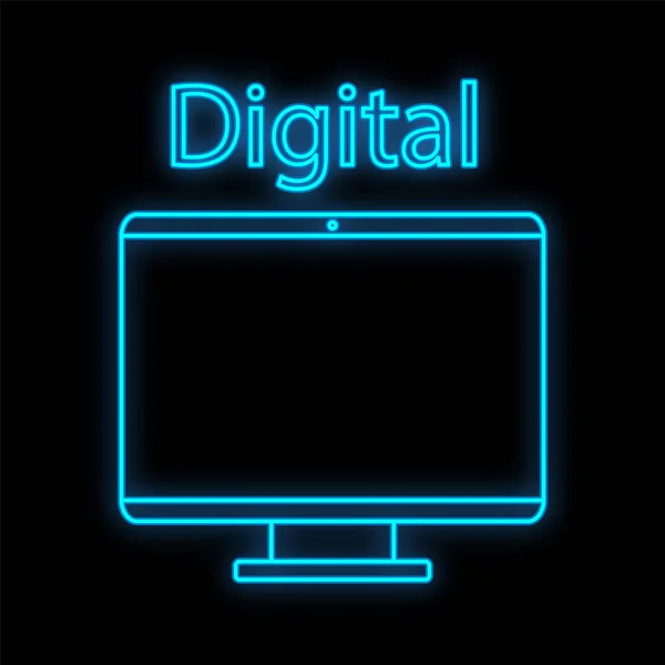 Világos kék digitális neon jel a bolt vagy műhely szolgáltató központ gyönyörű fényes, modern lapos panel LCD számítógép monitor fekete háttérrel. Vektorillusztráció — Stock Vector
