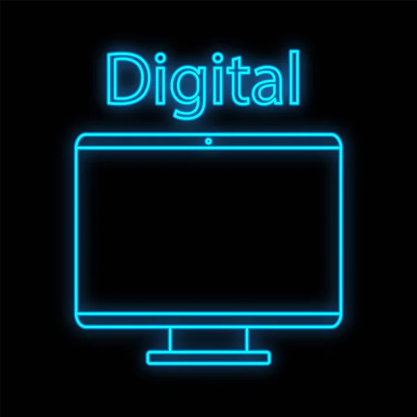 Sinal de néon digital azul luminoso brilhante para loja ou centro de serviço de oficina bonito brilhante com um monitor de computador LCD de painel plano moderno em um fundo preto. Ilustração vetorial — Vetor de Stock