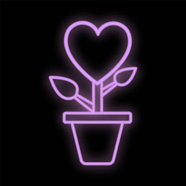 Signo luminoso de neón digital festivo púrpura brillante para una tienda o tarjeta hermosa brillante con una flor de amor con un corazón en una olla sobre un fondo negro. Ilustración vectorial — Vector de stock