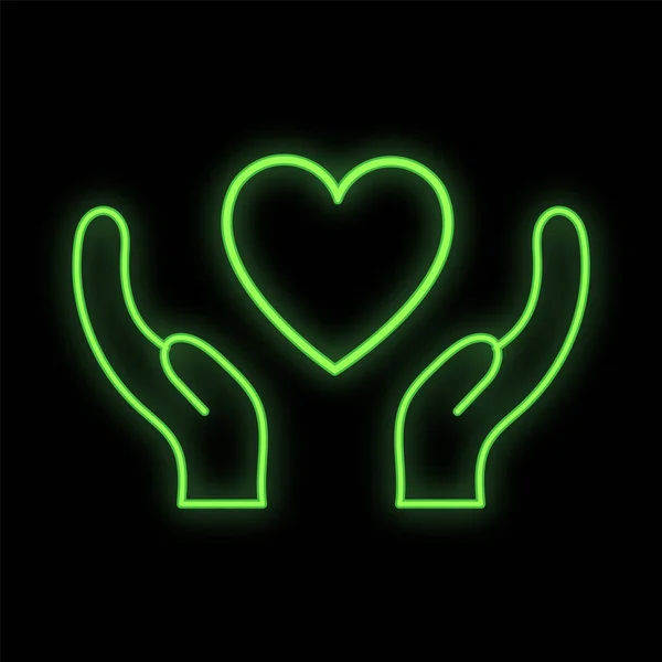 Señal de neón digital festivo verde luminoso brillante para tienda o tarjeta de felicitación hermosa brillante con las manos del amor con un corazón sobre un fondo negro. Ilustración vectorial — Vector de stock