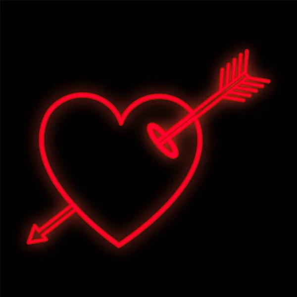 Helder lichtgevende rode feestelijke digitale neon teken voor een winkel of kaart mooi glanzend met een liefde hart met Cupido 's pijl op een zwarte achtergrond. Vectorillustratie — Stockvector