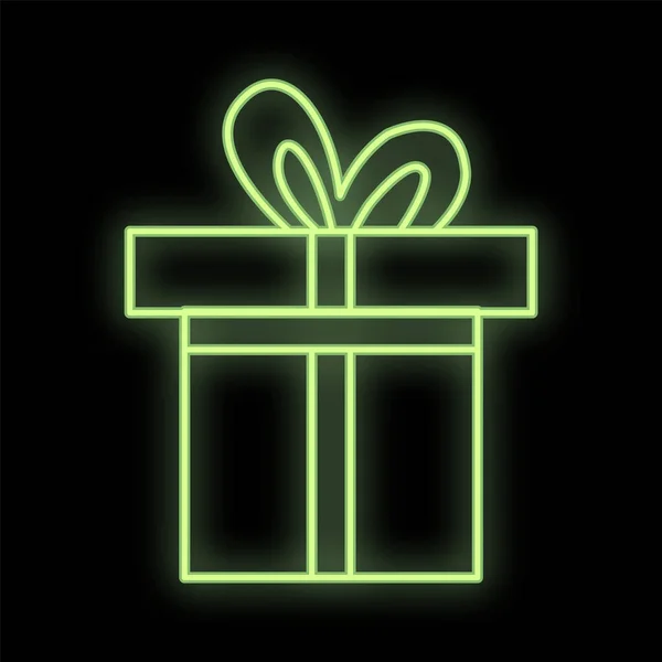 Lumineux vert lumineux signe néon numérique festive pour un magasin ou une carte beau brillant avec une boîte cadeau d'amour sur un fond noir. Illustration vectorielle — Image vectorielle