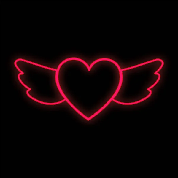 Helder lichtgevende rode feestelijke digitale neon teken voor een winkel of wenskaart mooi glanzend met liefde vleugels met een hart op een zwarte achtergrond. Vectorillustratie — Stockvector