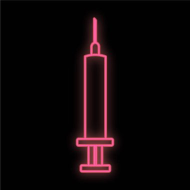 Bir eczane ya da hastane için parlak kırmızı dijital neon tabela. Siyah arka planda enjeksiyon için bir şırıngayla parlayan güzel bir mağaza. Vektör illüstrasyonu