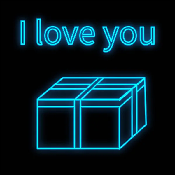 Sinal de néon digital festivo azul luminoso brilhante para uma loja ou cartão bonito brilhante com uma caixa de presente de amor em um fundo preto e a inscrição que eu te amo. Ilustração vetorial — Vetor de Stock