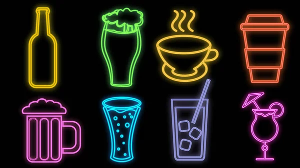 Set van heldere lichtgevende multi-gekleurde neon borden voor een cafe restaurant bar mooi glanzend met cocktails en drankjes, thee, koffie, bier op een zwarte achtergrond. Vectorillustratie — Stockvector