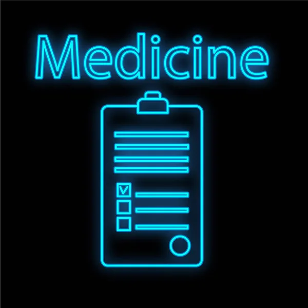 Leuchtend blaue medizinische Leuchtreklame für Apotheke oder Krankenhaus schön glänzend mit Krankengeschichte und der Aufschrift Medizin auf schwarzem Hintergrund. Vektorillustration — Stockvektor