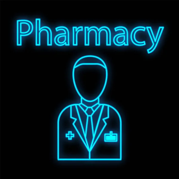 Ljus lysande blå medicinsk digital neon tecken för ett apotek eller sjukhus lagra vackra glänsande med en läkare och inskription medicin på en svart bakgrund. Vektorillustration — Stock vektor