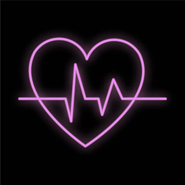 Leuchtend violette medizinisch-wissenschaftliche digitale Leuchtreklame für Apotheken oder Krankenhauslabore. Schönes, glänzendes Herz mit Puls auf schwarzem Hintergrund. Vektorillustration — Stockvektor