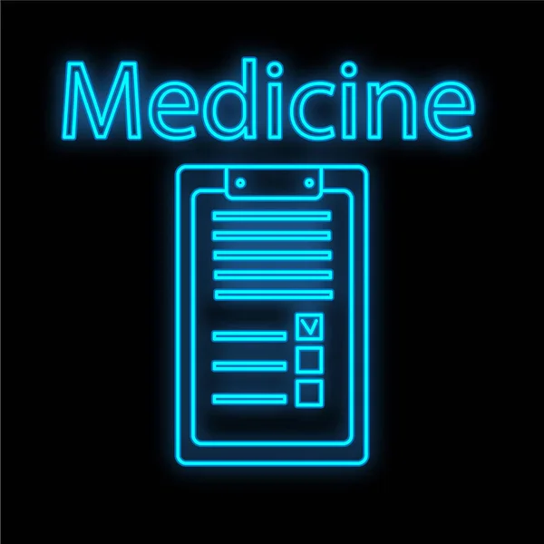 Luminoso cartello al neon digitale medico blu luminoso per una farmacia o un negozio ospedaliero bello lucido con documenti anamnestici e la medicina iscrizione su sfondo nero. Illustrazione vettoriale — Vettoriale Stock