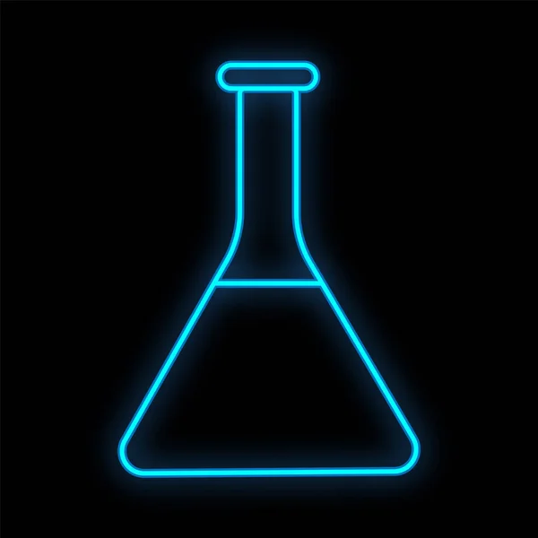 Signo de neón digital científico médico azul brillante y luminoso para una farmacia o un laboratorio hospitalario. Un hermoso frasco brillante o tubo de ensayo sobre un fondo negro. Ilustración vectorial — Vector de stock
