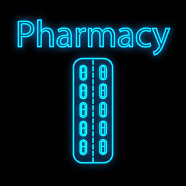 Sinal de néon digital médico azul luminoso brilhante para uma farmácia ou loja de hospital bonito brilhante com pílulas e cápsulas e a farmácia inscrição em um fundo preto. Ilustração vetorial — Vetor de Stock