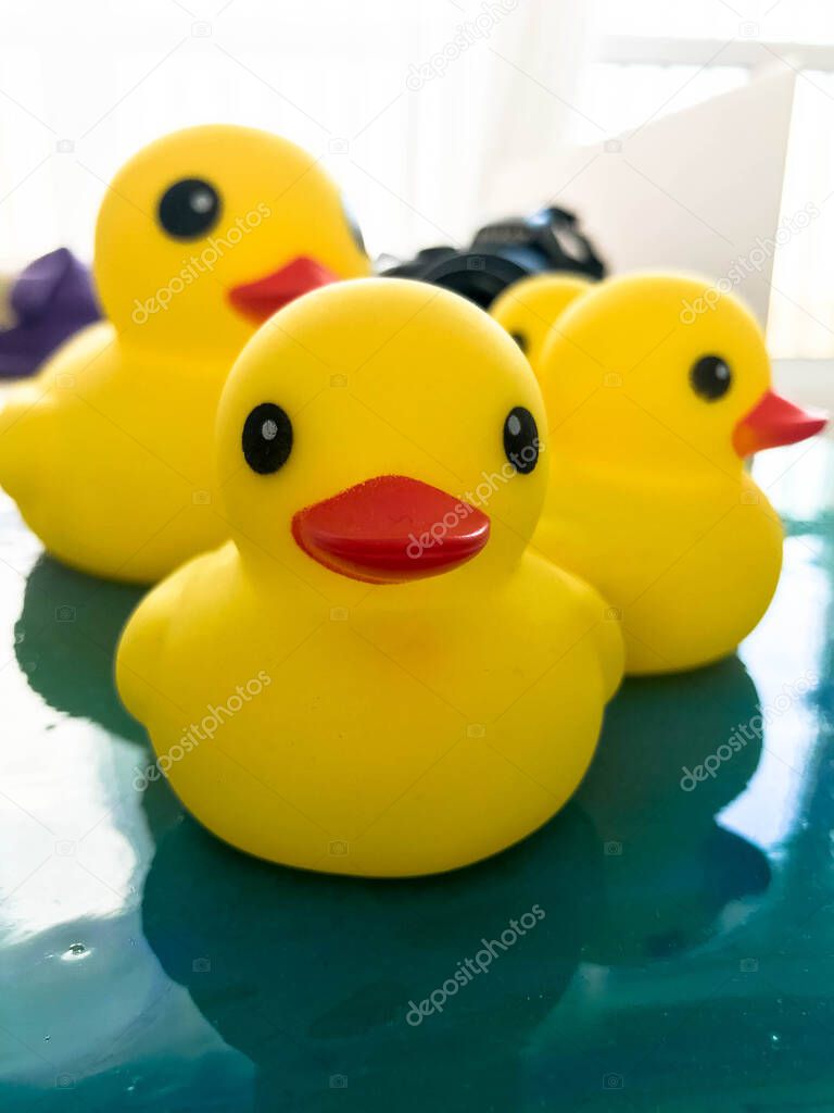 portrait of a rubber toy duck floating on a fluid art picture. yellow floating bird for games with children and adults. decoration for the bathroom