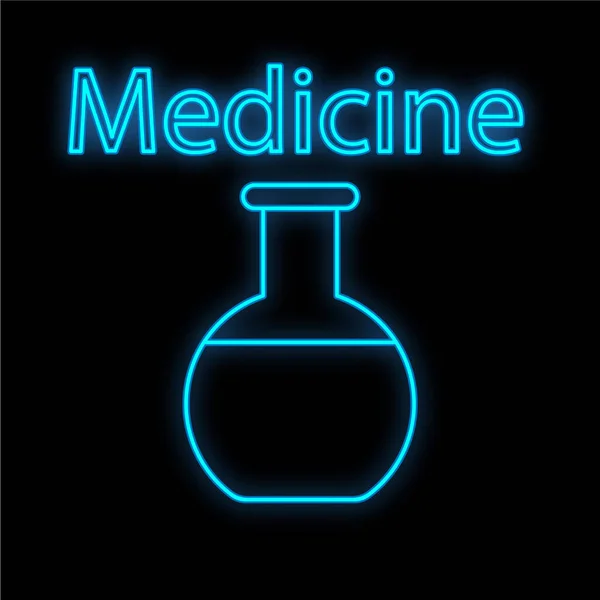 Leuchtend blaue medizinisch-wissenschaftliche digitale Leuchtreklame für Apotheken oder Krankenhauslabore. Ein schöner, glänzender Kolben oder Reagenzglas auf schwarzem Hintergrund. Vektorillustration — Stockvektor