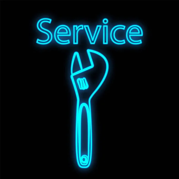 Jasně svítící modrý průmyslový digitální neonový nápis pro dílnu servisní středisko krásné lesklé s klíčem pro opravy na černém pozadí a nápis servis. Vektorová ilustrace — Stockový vektor