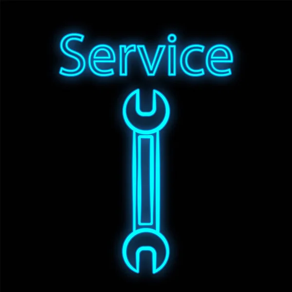 Helder lichtgevend blauw industrieel digitaal neon bord voor shop workshop service center mooi glanzend met een moersleutel voor reparatie op een zwarte achtergrond en de inscriptie service. Vectorillustratie — Stockvector