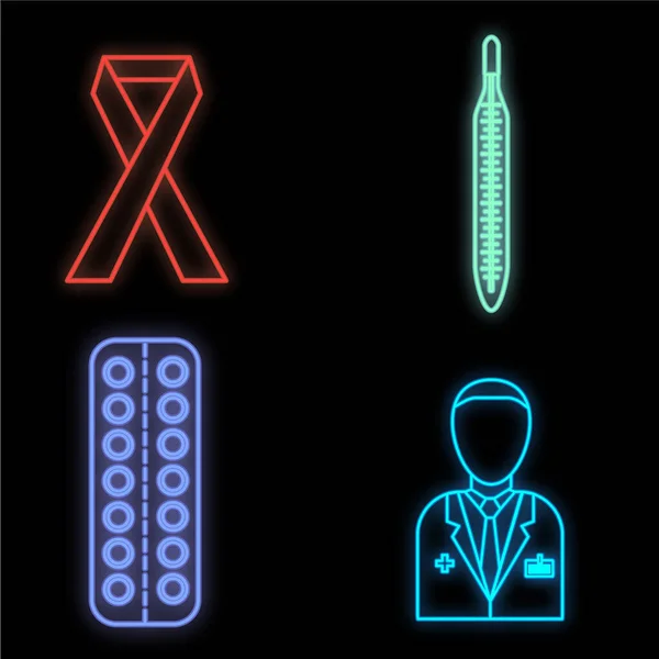 Conjunto de brillantes signos de neón médico multicolor brillante para una farmacia o tienda de hospital hermosas píldoras científicas brillantes termómetro médico sobre un fondo negro. Ilustración vectorial — Archivo Imágenes Vectoriales