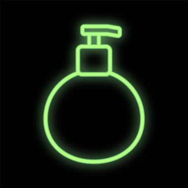 Siyah arka planda parlak neon parfüm şişesi. Oval bir vücuda sprey sıkmak için kullanılan bir parfüm. Parfüm barı. El yapımı parfüm. vektör illüstrasyonu
