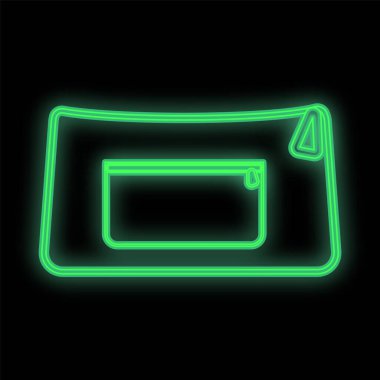yeşil güzel ve geniş kozmetik çanta, siyah arka planda neon. Kozmetik ürünleri, ruj ve fırçalar için zümrüt çanta. Makyöz için el yapımı kozmetik seti. vektör illüstrasyonu