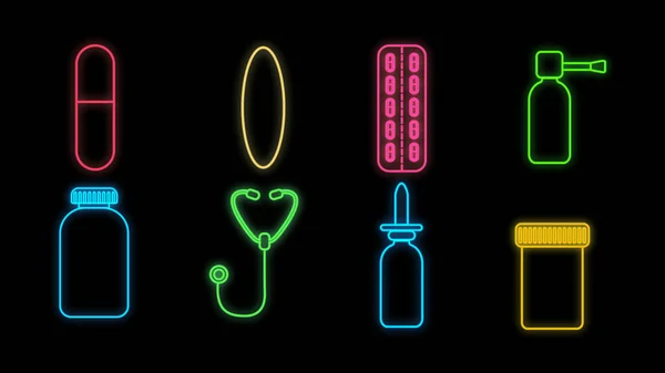 薬局や病院の科学研究所のための明るい発光マルチカラー医療ネオンサインのセットは、黒の背景に薬のアイコンオブジェクトと美しい光沢のある。ベクターイラスト — ストックベクタ