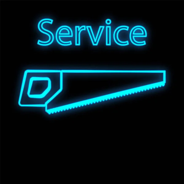 Helder lichtgevend blauw industrieel digitaal neon bord voor shop workshop service center mooi glanzend met een handzaag voor reparatie op een zwarte achtergrond. Vectorillustratie — Stockvector