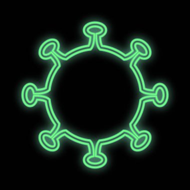 Siyah arka planda koronavirüs virüsü virüsü olan hastane laboratuarı eczanesi için parlak yeşil tıbbi dijital neon tabela. Vektör illüstrasyonu