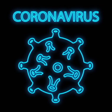 Siyah arka planda koronavirüs virüsü virüsü olan hastane eczanesi için parlak mavi tıbbi dijital neon tabela. Vektör illüstrasyonu