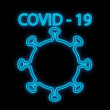 Siyah arkaplanda koronavirüs salgını virüsü ve Covid 19 yazısıyla hastanenin laboratuvar eczanesi için parlak mavi tıbbi dijital neon tabela. Vektör illüstrasyonu
