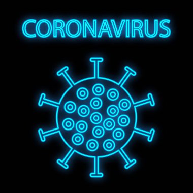 Siyah arka planda koronavirüs virüsü virüsü olan hastane eczanesi için parlak mavi tıbbi dijital neon tabela. Vektör illüstrasyonu