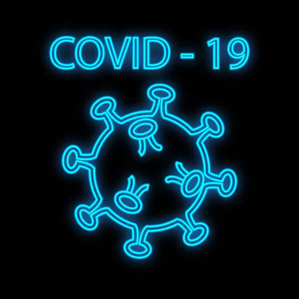 医院实验室药学漂亮的明亮的蓝色医学数字霓虹灯标志，其背景为黑色，题字为"covid 19" 。矢量说明 — 图库矢量图片
