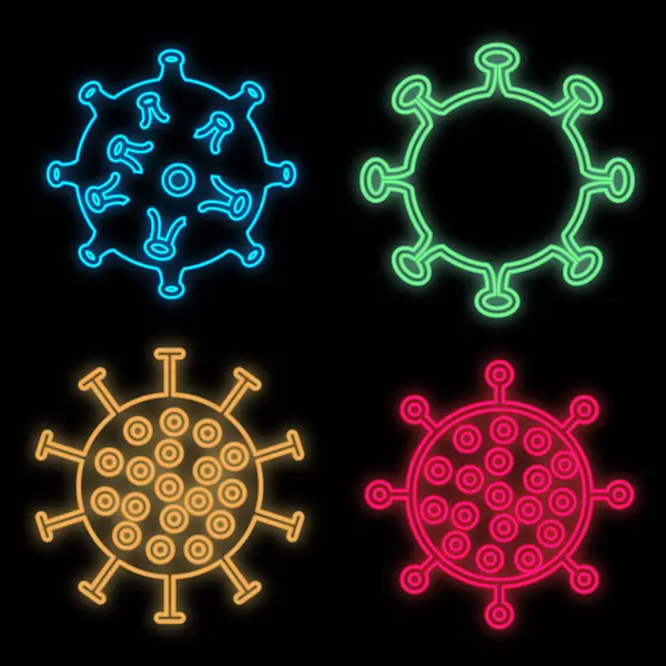 Conjunto de brillantes signos de neón científicos médicos multicolores brillantes para el laboratorio del hospital farmacia hermoso brillante con covid 19 virus pandémico coronavirus sobre fondo negro. Ilustración vectorial — Vector de stock