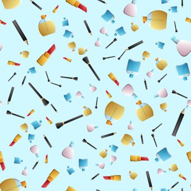 Makyaj malzemeleriyle el çizimi karalama vektörü kusursuz desen. Tırnak cilası, ayna, parfüm, ruj, pudra fırçası, kolye. Şişe, moda