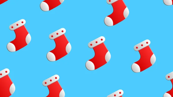 Papel de regalo abstracto, patrón sin costuras - calcetines de Navidad y copos de nieve blancos sobre un fondo azul — Vector de stock