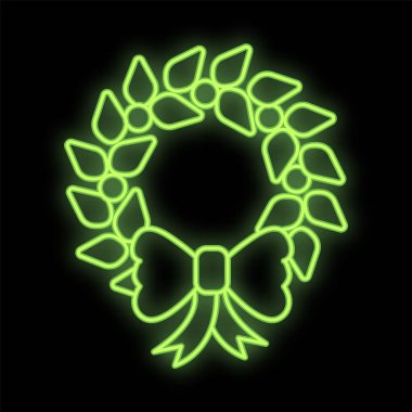 Parlayan neon çizgisi Noel çelengi simgesi tuğla duvar arkasında izole edilmiş. Mutlu Noeller ve mutlu yıllar. Vektör İllüstrasyonu